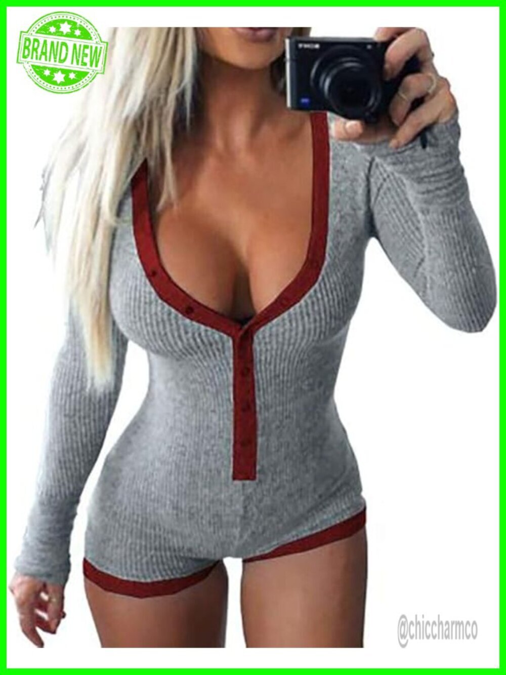 Deep V Neck Long Sleeve Knitted One Piece Bodysuit Jumpsuit Romper